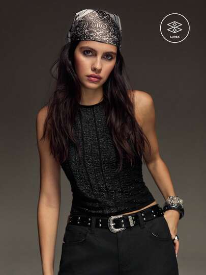 BAD SUNDAY Top de tirantes sin mangas de punto jacquard para mujer, espalda descubierta con decoración de cinturón, estilo Y2K retro milenio, capa interior sexy para festival de música, todas las estaciones