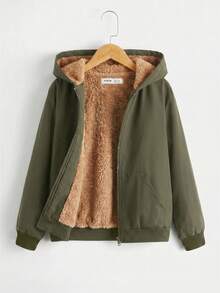 SHEIN 青少年男孩休閒舒適百搭保暖內裡連帽加厚冬秋外套 - 軍綠色 - 查看 2