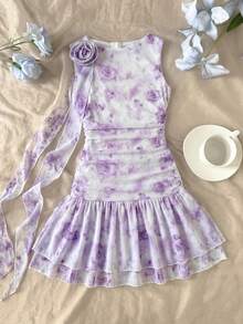 SHEIN Tween Girl Casual Elegant French Floral Ruffle 3D Flower Decor Ruched Asymmetrical Round Neck Sleeveless Fitted Short Dress, Sweet Dress, Spring Outing, Daily Street Wear - Mauve Purple - View 3