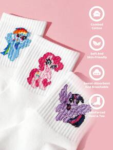 My Little Pony X SHEIN 3雙棉質柔軟透氣吸濕管襪，兒童可愛卡通圖案，加強襪身與後跟，耐穿耐用，適合四季穿著，適用於學校與戶外活動 - 白色 - 查看 2