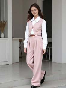 SHEIN 青少年女孩時尚鈕扣 2 合 1 上衣 T 恤與百褶休閒長褲套裝 - 淺粉色 - 查看 1