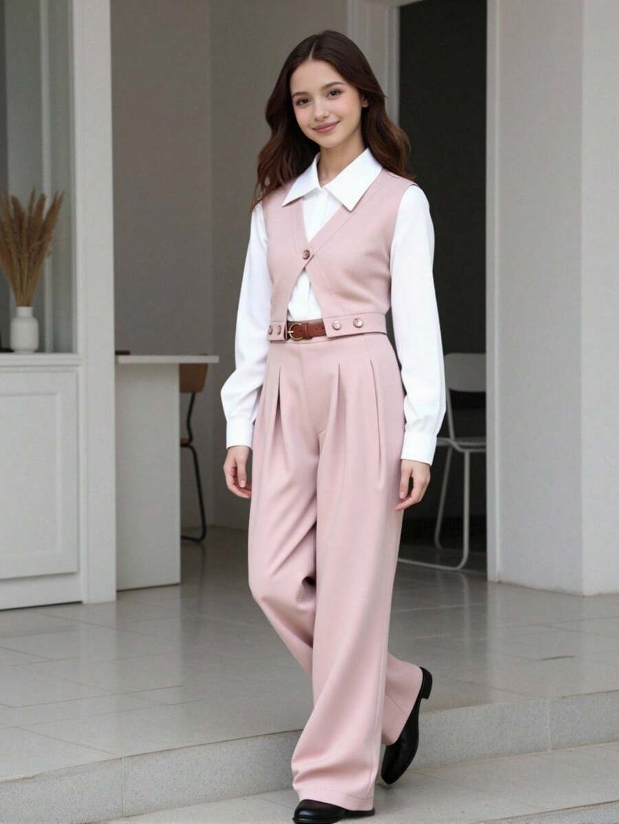 SHEIN 青少年女孩時尚鈕扣 2 合 1 上衣 T 恤與百褶休閒長褲套裝 - 淺粉色 - 查看 1