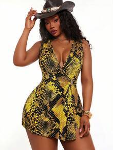 SHEIN SXY Plus Size Women Snake Skin Print Asymmetrical Hem Ruched Sexy Romper For Vacation - Yellow - View 6