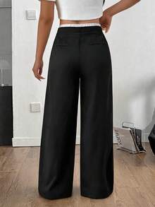 SHEIN PETITE CURVE 大码女式休闲撞色裤，女式春秋季休闲抽绳口袋阔腿黑色宽松长裤，休闲舒适抽绳腰阔腿裤 - 黑色 - 查看 2