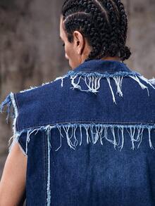 Skyrend Herren gewaschene vintage verwaschene Jeansweste, marineblau gefranste Jeansweste - Blau - Übersicht 8