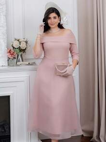 The Leen Edit Women Off Shoulder Elegant Mid-Length Flared Dress Elegant Dress Pink Summer - Pink - View 1