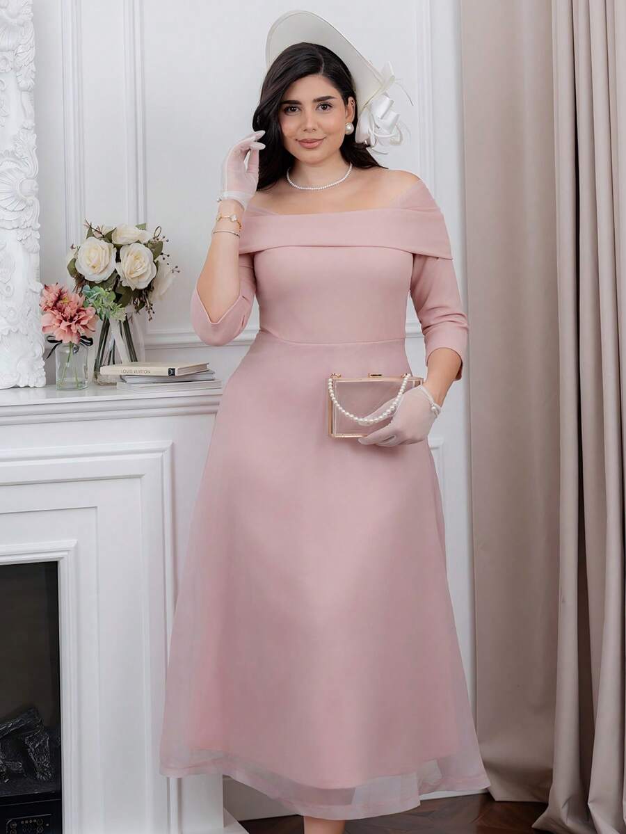 The Leen Edit Women Off Shoulder Elegant Mid-Length Flared Dress Elegant Dress Pink Summer - Pink - View 1