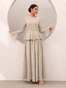 Graceveil Polka Dot Print Ruffle Hem Bell Sleeve Cinched Waist Top And Flared Skirt Set - Apricot - View 5