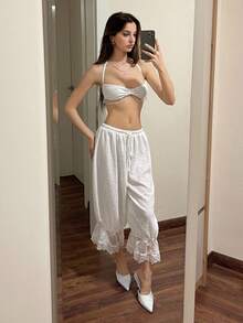 Sweetina Women Summer Hawaii Beach Vacation Going Out Bloomers White Linen Pants Romantic - White - View 5
