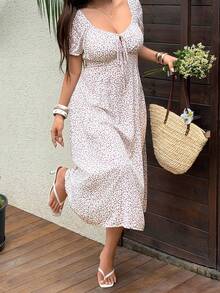 Sunnyshic Plus Size Diamond Square Neck Pattern Print A-Line Short Sleeve Dress - Multicolor - View 5