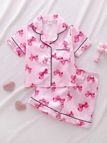 Baby Girl Pink Bow Collar Cardigan & Shorts Pajama Set, Loungewear - Pink - View 1