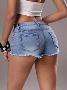 TRNVIE Fashion Casual Sexy Distressed Frayed Low Waist Denim Shorts - Medium Wash - View 7