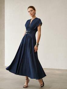 MOTF PREMIUM WOMEN'S BUCKLE DETAIL WAIST-CINCHING DENIM DRESS - Navy Blue - View 6
