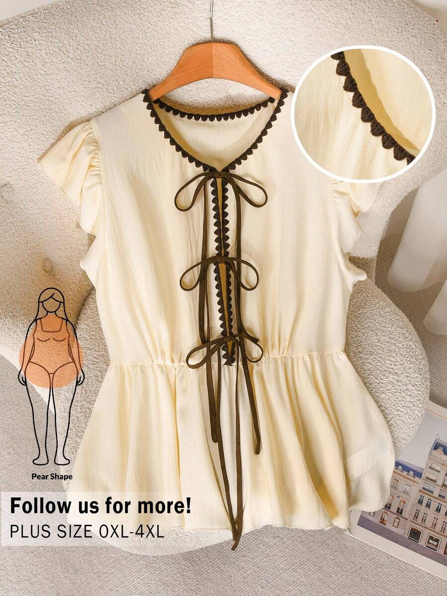 CosyJoli 大码女装夏季服装，撞色滚边衬衫，休闲女士上衣，可爱夏季上衣，蝴蝶结吊带衬衫