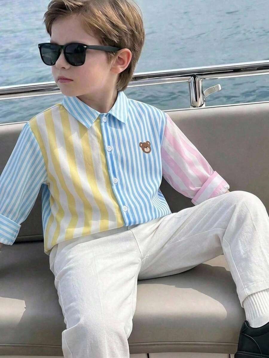 SHEIN 1 chiếc áo sơ mi dài tay cổ bẻ phối màu kẻ sọc có túi dành cho trẻ em/bé trai, thích hợp mặc hàng ngày, đi chơi, hoạt động ngoài trời, lễ hội, kỳ nghỉ hè ở bãi biển, mùa xuân/hè. - Nhiều màu - Xem 1