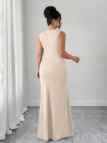 Elenzga Women's Elegant Dress, Sleeveless Round Neck A-Line Silhouette, Ruched Waist Design, Solid Color Knit Fabric - Apricot - View 2