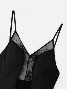 lacRébo Black Lace Bodysuit - V Neckline With Sheer Lace Panel And Spaghetti Straps - Black - View 7