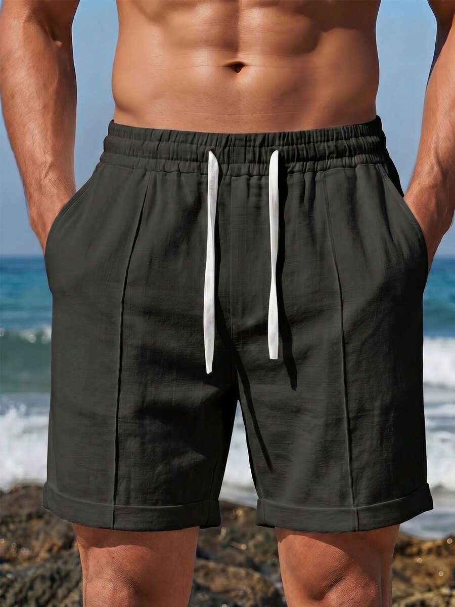VIVINTIMO Pantalones cortos casuales versátiles de unicolor para hombres, vacaciones - Negro - Ver 1