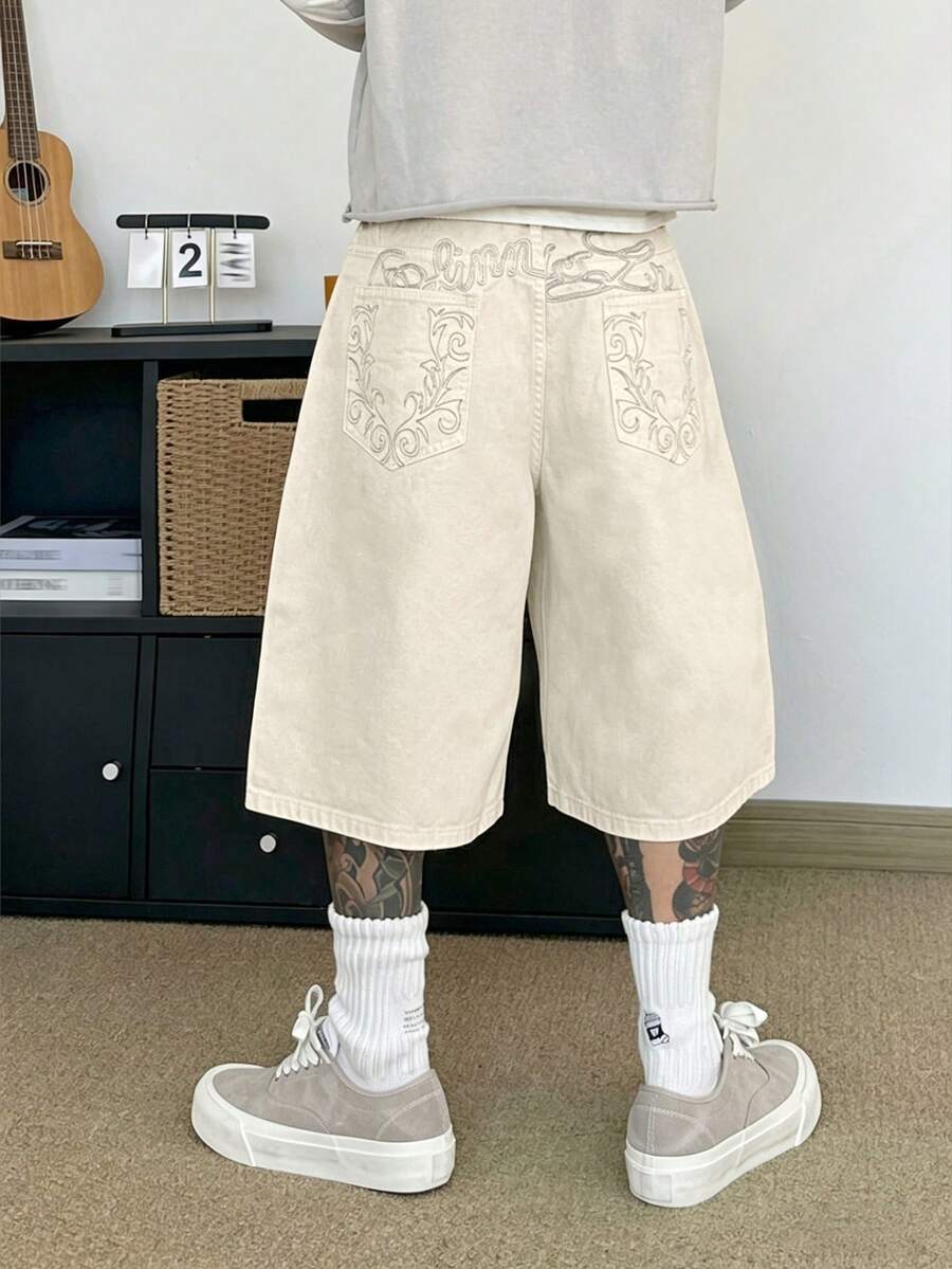 STEELVANCE Quần short denim ống đứng phong cách streetwear tối giản, thêu chữ và hoa họa tiết West Coast, thiết kế ngách hip-hop casual đa năng mặc hàng ngày - Màu be - Xem 1