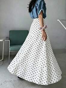 SHEIN 少女波点高腰系带荷叶边下摆长裙，宽松舒适优雅假日长裙 - 白色 - 查看 5