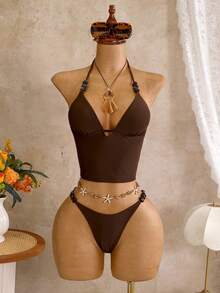 Bonvoyette Women's 2026 Spring/Summer New Coffee Color Beaded Trim V-Neck Backless Adjustable Triangle Bikini Set, 2 Pieces - Coffee Brown - View 3