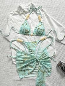 Swim SXY 夏季海灘女款三件套 紮染印花三角掛脖繫繩珠飾比基尼上衣、比基尼泳褲、網紗迷你裙，性感泳裝套裝 - 彩色 - 查看 3