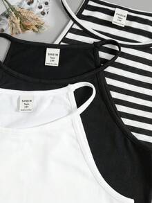 SHEIN 青少年女孩針織素色條紋圖案背心上衣3件組 - 黑與白 - 查看 5