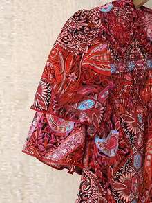 Linhara Plus Size Women's Solid Color Round Neck Double Layer Sleeve Short Sleeve Casual Boho Shirt, Pleated Summer Holiday Top Vacation Club Tops Pink - Multicolor - View 6