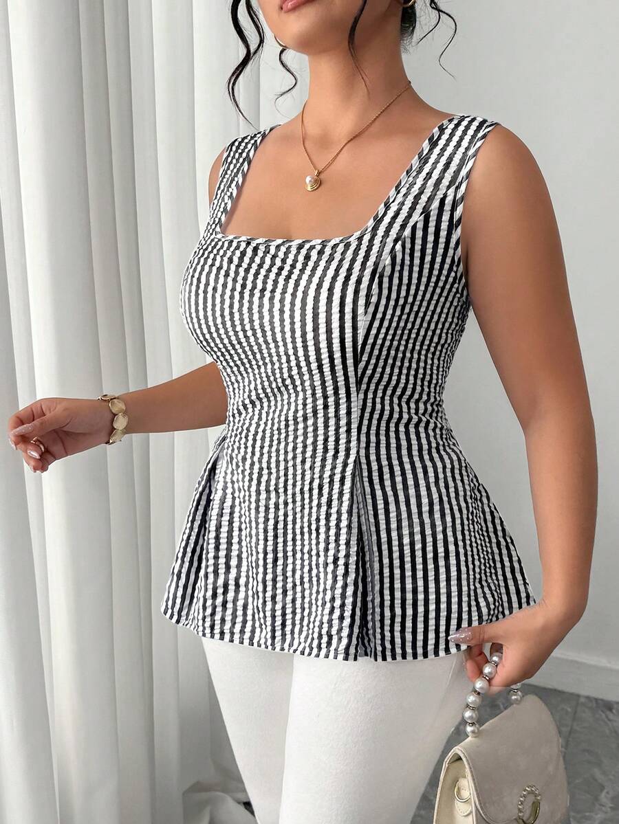Elenzga Plus Size Women's Spring/Summer Fashion Elegant Commuter Square Neck Waist-Cinched Tie-Up Striped Print Camisole Tank Top - Black and White - View 1