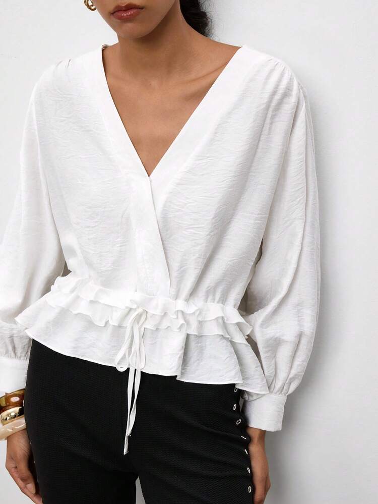 SHEIN Maija White Summer Women's V-Neck Ruffle Long Sleeve Blouse Date Elegant Frenchy