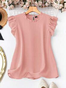 EMERY ROSE Blusa elegante de talla grande para mujer con cuello redondo, mangas volantes y ribete de volantes en color liso - Rosa - Ver 1
