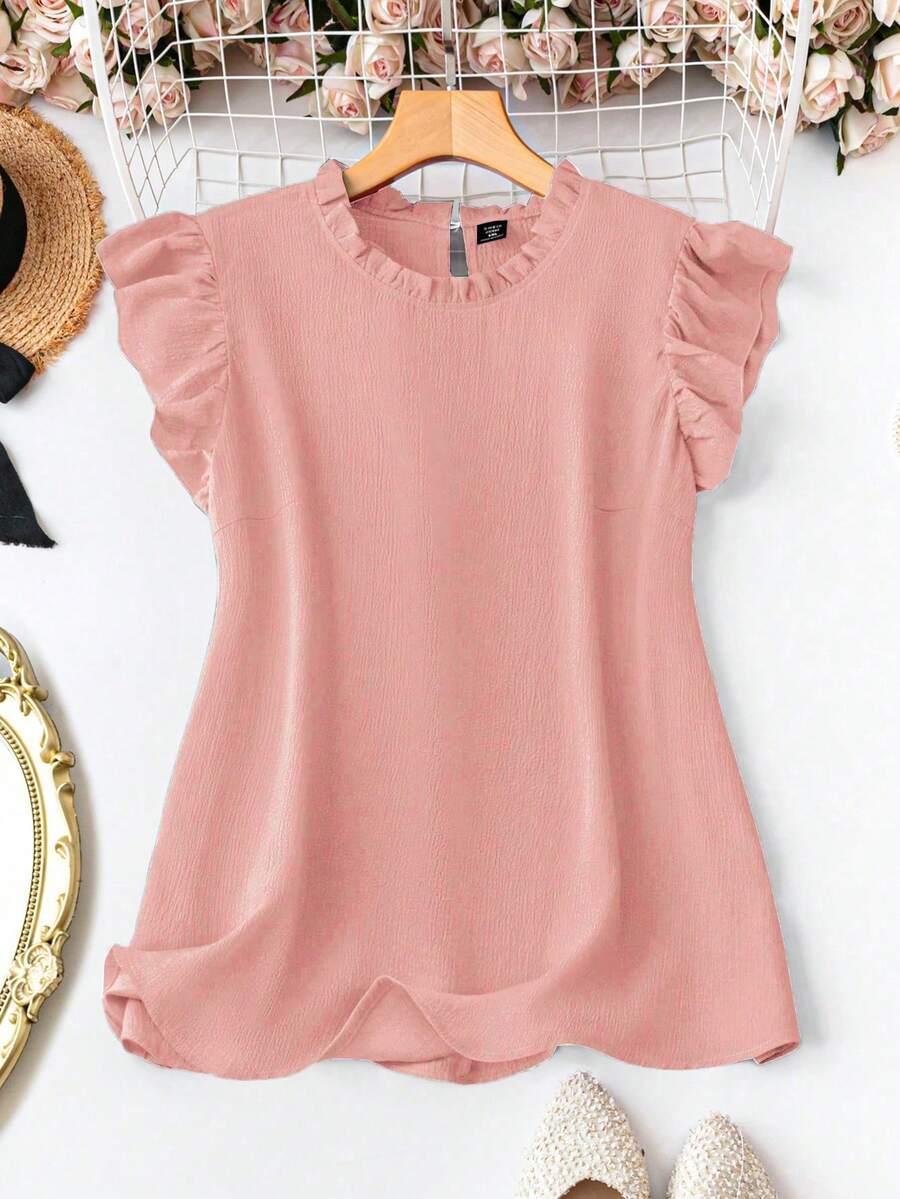 EMERY ROSE Blusa elegante de talla grande para mujer con cuello redondo, mangas volantes y ribete de volantes en color liso - Rosa - Ver 1