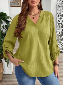 EMERY ROSE Plus Size Solid Color Notched Neck Roll Up Sleeve Casual Blouse ,Winter Clothes Fall - Green - View 9