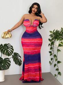 Maweii Vestido camisola de mujer talla grande con estampado degradado de puesta de sol y diseño calado, vestido maxi sirena ajustado con cintura ceñida, fruncido y abertura, estilo chica hot europeo & americano, deseo puro sexy, estilo de vacaciones, cita nocturna, vestido de fiesta, atuendo atmosférico, nueva llegada de verano - Morado - Ver 3