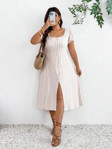 SHEIN Frenchy 大尺碼女款條紋短袖單排扣休閒洋裝 - 彩色 - 查看 5