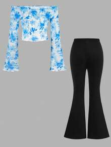 SHEIN 少女度假休闲露肩碎花上衣和纯色喇叭裤套装 - 藍色 - 查看 10