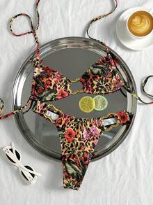Swim SXY Women's Summer 2-Piece Sexy Leopard Print Metal Decor Spaghetti Strap Halter Bikini Set - Multicolor - View 5