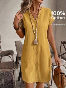 EMERY ROSE Vestido mini de un solo pecho con cuello en V de unicolor de moda para citas y fiestas, vestidos de mujer mostaza, vestidos casuales de verano de 100% algodón, vestidos de verano de mujer, ropa de 100% algodón, vestidos de lino para mujer, atuendos de verano para mujer, vestidos casuales para mujer, ropa de resort, vestidos de vacaciones casuales para mujer - Amarillo - Ver 5