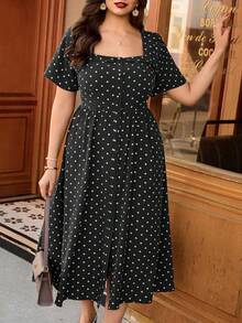 SHEIN Clasi Plus Size Women's Fashion Midi Dress, Hot-Selling Polka Dot Fabric, Fashionable Elegant Plus Size Women's Midi Dress - Multicolor - View 4