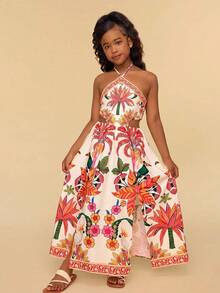 Travachic KIDS Tween Girl Summer Vacation Casual Floral Print Spaghetti Strap Dress - Multicolor - View 1