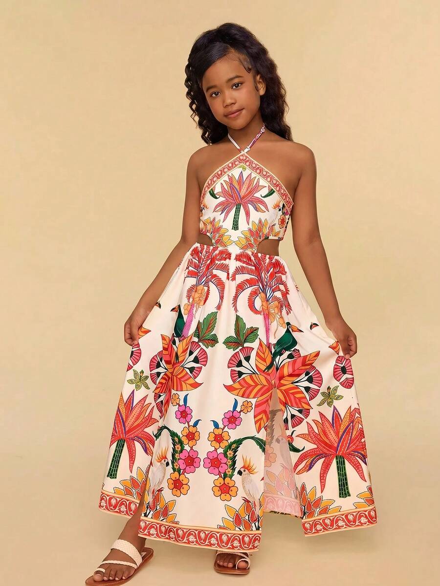 Travachic KIDS Tween Girl Summer Vacation Casual Floral Print Spaghetti Strap Dress - Multicolor - View 1
