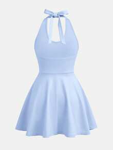 SHEIN Girlism 青少年女孩青少年女童針織藍色修身蝴蝶結休閒優雅洋裝 - 藍色 - 查看 2