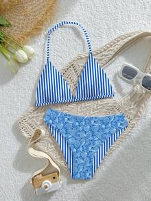 SHEIN Teen Girls 2pcs Reversible Swimwear Set, Halter Top With Adjustable Buckle And Triangle Bikini Bottom, Shell & Stripe Print Knit Fabric, Casual Style For Summer Beach, Pool, Vacation, Summer Holiday Party - Multicolor - View 6