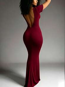 INAWLY Solva Women's Solid Color Elegant Elegant Mermaid Hem Dress Evening Formal - Burgundy - View 2