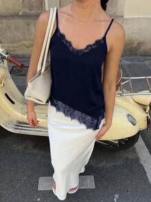 Elegant Women's Summer Camisole In Solid Color With Lace Patchwork And Side Slit - Beige - View 7