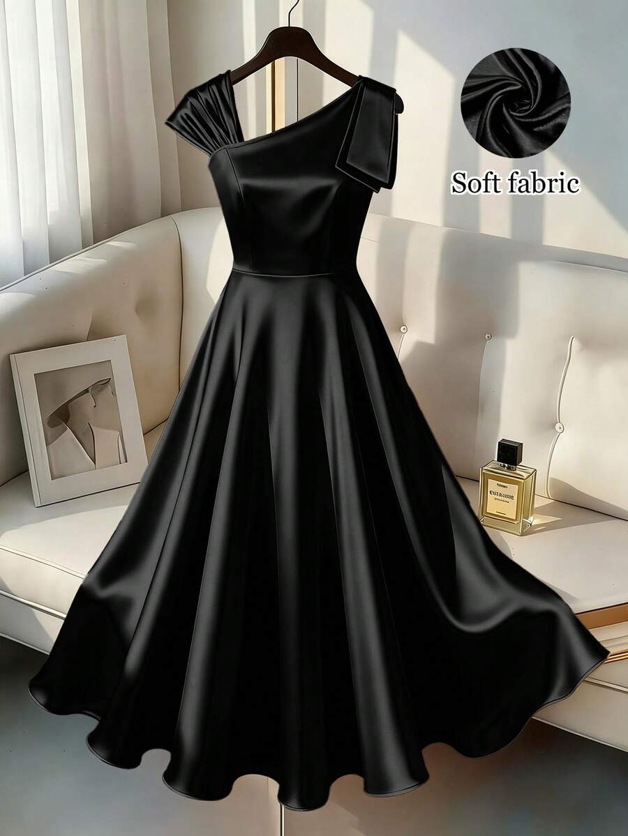 GlowEve CURVE Plus Size Women's Solid Color Asymmetric Neckline Elegant Dress - Black - View 1