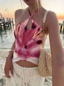 Lumalex Pink Abstract Floral Print Halter Crop Top Crisscross Neck Tie Back Layered Chiffon Overlay Asymmetric Hem And Lettuce Edge Trim Perfect Summer Top - Multicolor - View 8