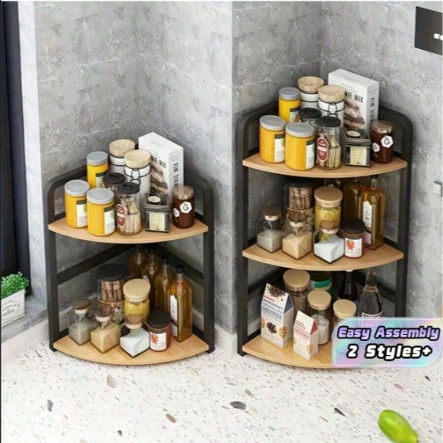 Double-Layer Curved Heavy-Duty Metal Corner Shelf Rack - Triangular Design To Maximize Corner Space | Kitchen Organizer & Spice Rack | Holds Seasonings/Spices | Large Capacity, Space-Saving | Suitable For Kitchen, Bathroom, Pantry, Countertop - Multicolor - View 1