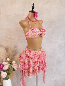 Zestiva Summer Beach Vacation Women's Pink And Orange Tropical Ditsy Floral Braided Bandeau Top And Layered Ruffle Hem Skirt Bikini Set - Multicolor - View 4