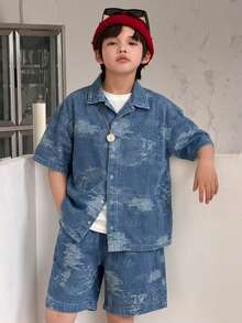Dazy Kids Textured Design Lapel Shacket + Straight Leg Denim Shorts Casual Cool Tween Boys Denim Set Summer - Medium Wash - View 5